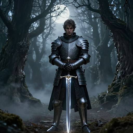 Mysterious Medieval Knight in Moonlit Forest