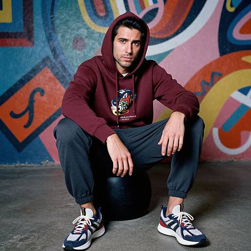 Photograph of a young man with medium skin tone, dark hair, and brown eyes, squatting in front of colorful graffiti. He wears a mar
