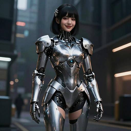 Photorealistic CGI of a smiling, black-haired woman in a shiny, metallic, futuristic armored suit, standing confidently in a dimly lit urban street