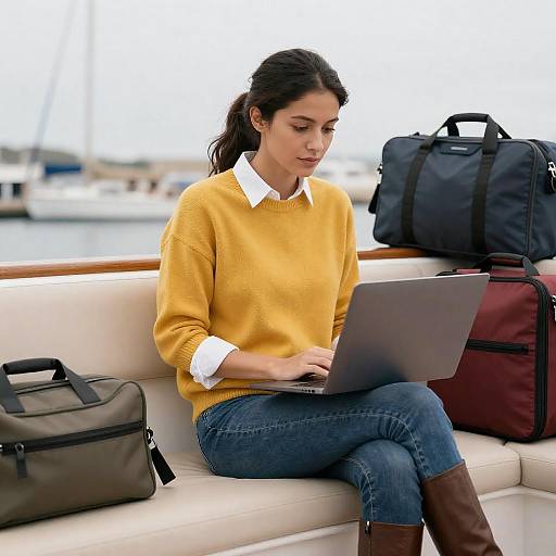 Focused Woman Working on Laptop at Marina