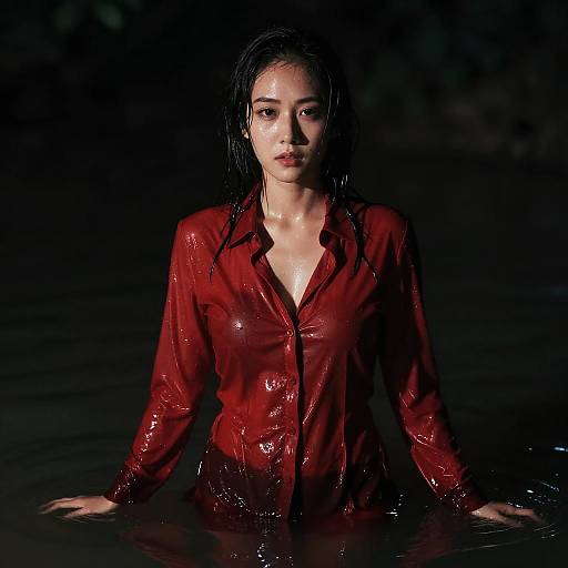 Photograph of a wet, dark-haired Asian woman with medium skin, wearing a red, glossy, buttoned shirt, standing in dark, reflective water