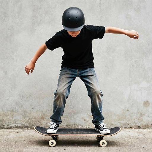 Photograph of a young boy with a black helmet, black shirt, and jeans, balancing on a skateboard against a gray concrete wall.
