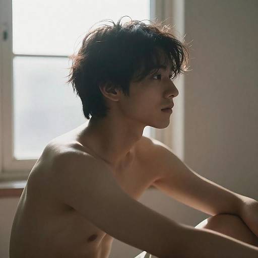 Shirtless man by window with sunlight