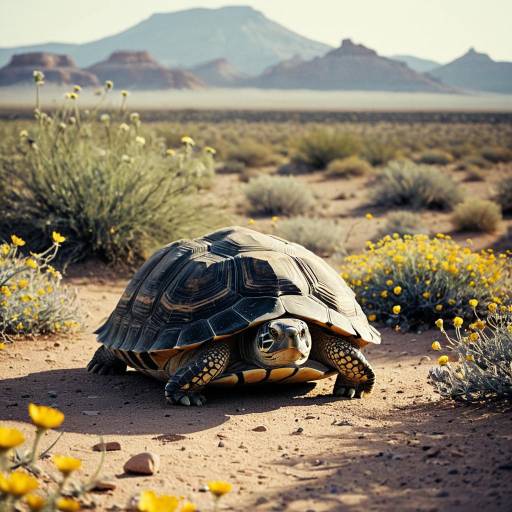 Turtle in Desert Landscape with Wildflowers Turtle in Desert Landscape with Wildflowers