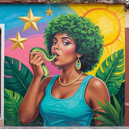 Vibrant digital painting of a dark-skinned woman with curly green hair, eating a green snake, wearing a blue tank top, gold necklace,