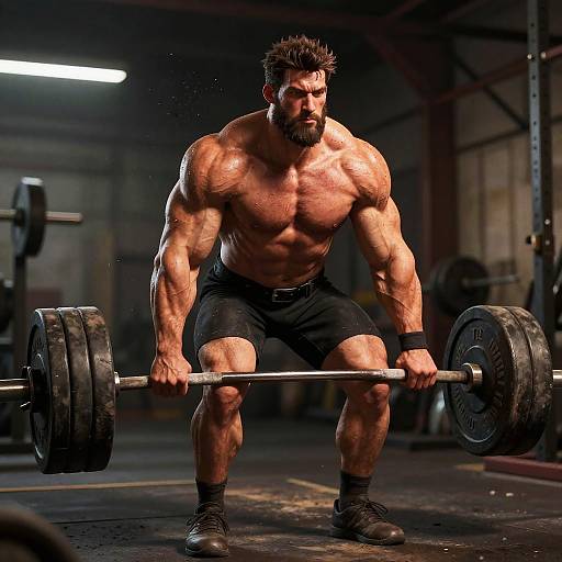 Photograph of a muscular, bearded man with short dark hair, shirtless, in black shorts and boots, squatting with a heavy barbell