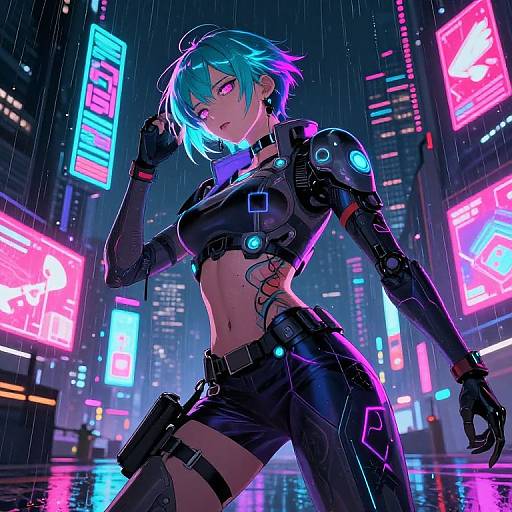 Cyberpunk cityscape at night: blue-haired woman with glowing pink eyes, black leather outfit, cybernetic arm, and thigh holster stands confidently