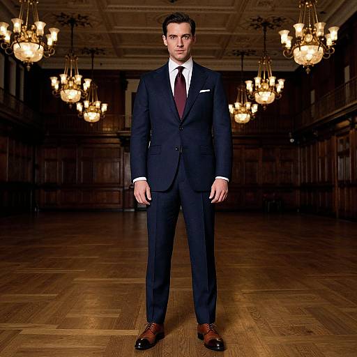 Photograph of a handsome man in a dark navy suit, white shirt, maroon tie, and brown shoes, standing in an opulent, dim