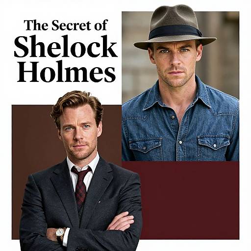 Photograph collage of actor Matthew McConaughey in two outfits: top image in a blue denim shirt with a grey fedora, bottom image in