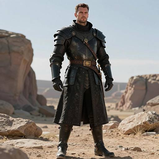 Man in Black Medieval Armor in Rocky Desert