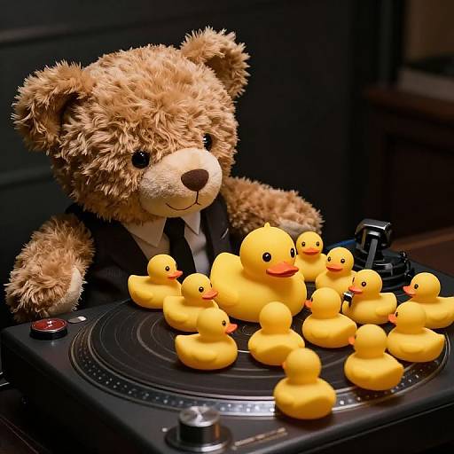 Photograph of a fluffy brown teddy bear in a suit, DJing with a record player, surrounded by bright yellow rubber duckies.
