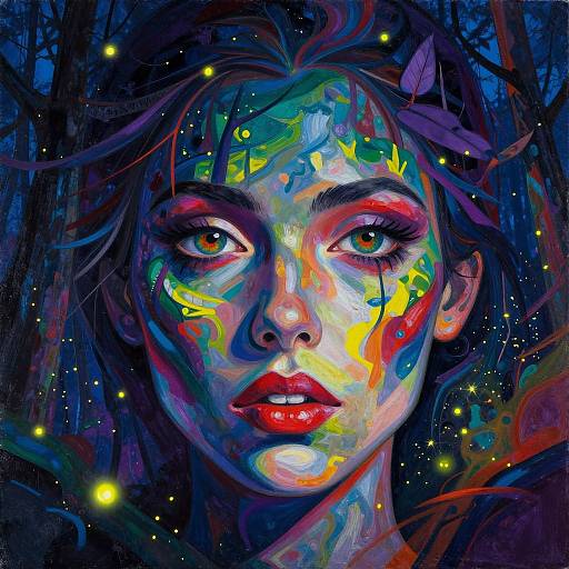 Digital painting of a woman with vibrant, multi-colored face and eyes, surrounded by dark forest and glowing yellow fireflies. Abstract, surreal style.