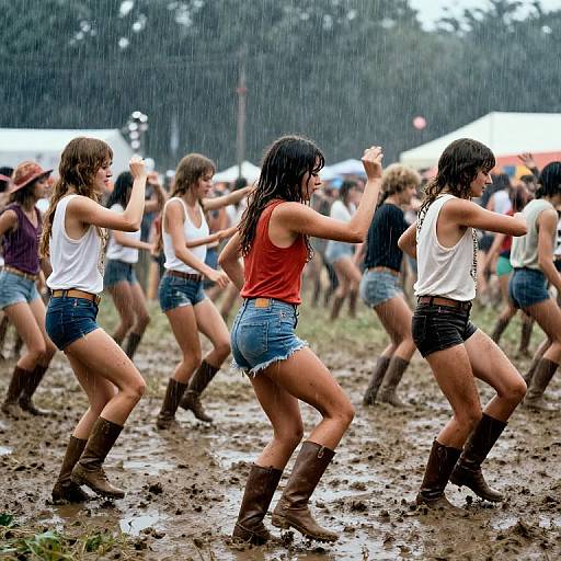 Photograph of young women in white and red tank tops, denim shorts, and brown boots dancing in the rain on muddy ground at a lively outdoor festival