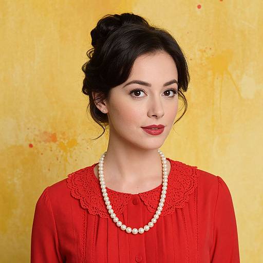 Photograph of a fair-skinned woman with dark hair in a bun, wearing a red blouse with lace trim, and a white pearl necklace, against