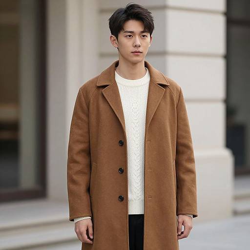Photograph of an Asian man with short black hair, wearing a brown wool coat over a white knitted sweater, standing outdoors against a blurred urban background