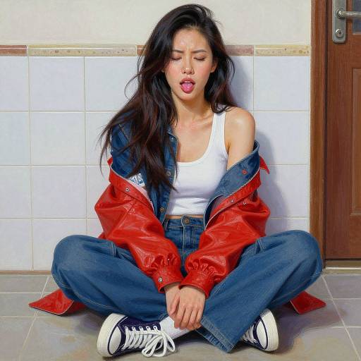 Asian woman with long black hair, white tank top, red jacket, blue jeans, and black Converse shoes, sitting on tile floor, sticking out