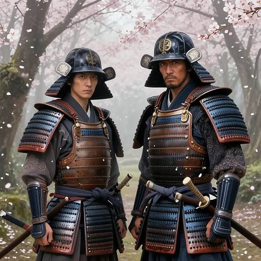 Photograph of two Japanese samurai in detailed black and red armor, standing in a misty cherry blossom forest, holding swords.