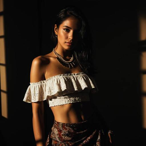 Portrait of Young Indigenous Woman in Ivory Lace Top
