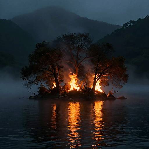 Burning Island at Night Scene
