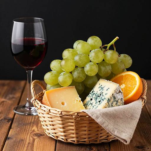 Still Life with Cheese, Grapes, Orange, and Red Wine