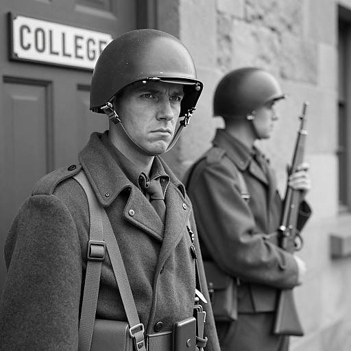 Black and White Photo of World War II Soldiers at College Door