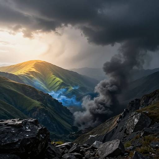 Photograph of dramatic mountain landscape at sunrise, with bright sunlight illuminating green hills, dark clouds, and thick black smoke rising from a valley below,