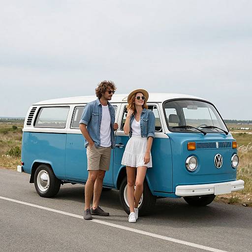 Couple Roadtrip with Blue Campervan