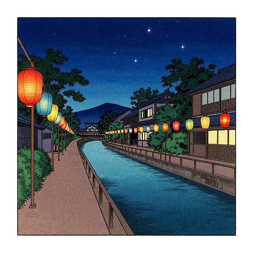 Colorful Lanterns Along Canal Promenade at Night