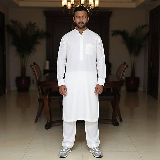 Photograph of a bearded man in white traditional Pakistani attire, standing in a dimly lit, elegant dining room with dark furniture and potted plants