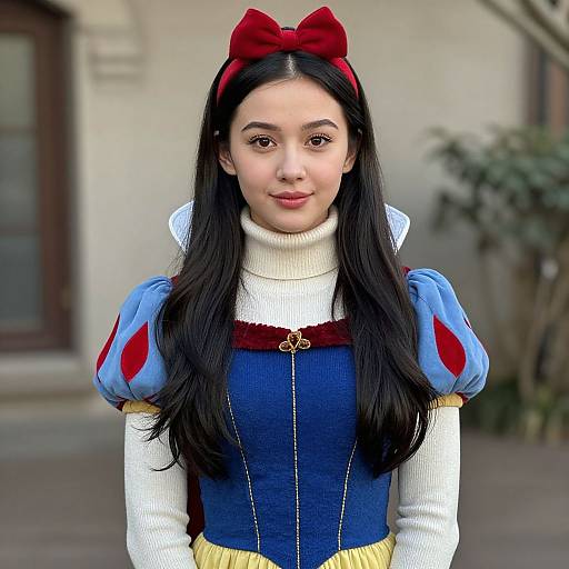 Photograph of an Asian woman with long black hair, wearing a Snow White costume with blue dress, red bow, white collar, and yellow skirt,