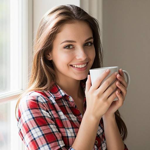 Photograph of a smiling young woman with long brown hair, wearing a red plaid shirt, holding a white mug, standing in bright sunlight near a