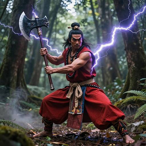 Photorealistic digital art: Muscular warrior with black hair in topknot, red clothing, wielding lightning-enchanted axe, kneeling in mist