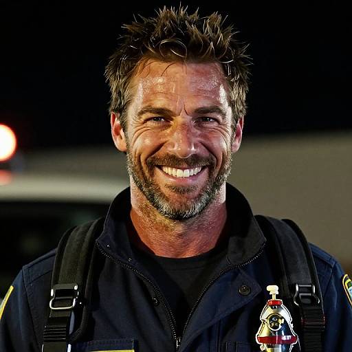 Photograph of a smiling, bearded man with spiky brown hair, wearing a black jacket with a firefighter emblem, against a dark, blurred background