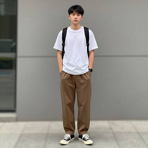 Photograph of an Asian teenage boy with short black hair, wearing a white t-shirt, brown pants, black sneakers, and a backpack, standing against