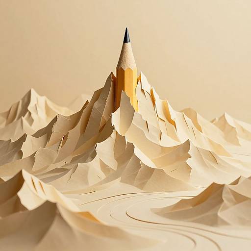 Photograph of a 3D paper mountain made from crumpled, layered paper, with a sharp, pointed pencil peak, bathed in soft