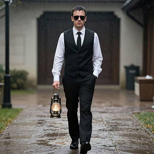 Photograph of a serious man in black vest, white shirt, tie, sunglasses, and black pants, carrying a lantern, walking in rain.