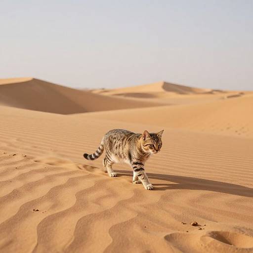 Photograph of a striped tabby cat walking across golden sand dunes under a clear, bright sky, casting shadows on the rippled sand.