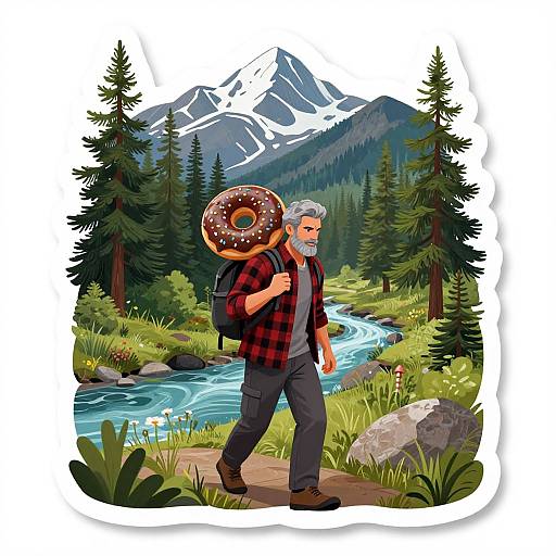 Illustration of a bearded man with gray hair, wearing a red plaid shirt, black pants, and brown boots, carrying a donut-shaped