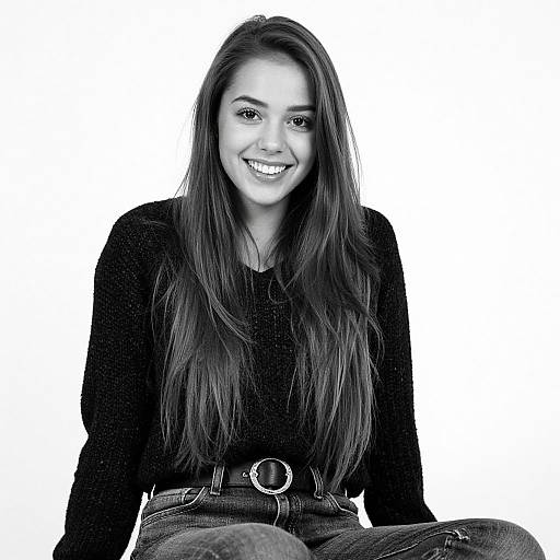 Black-and-white photograph of a smiling young woman with long, straight hair, wearing a black sweater and jeans, against a plain white background.