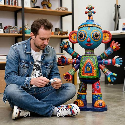 Man with Vibrant Multi-Armed Sculpture