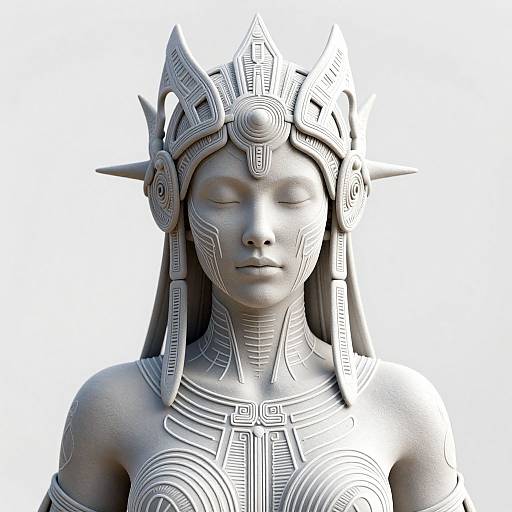 Photorealistic CGI of a serene, gray, elven woman statue with intricate geometric headpiece and facial markings, eyes closed, against white background.