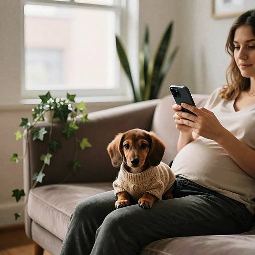 Miniature Dachshund Puppy on Pregnant Woman's Lap