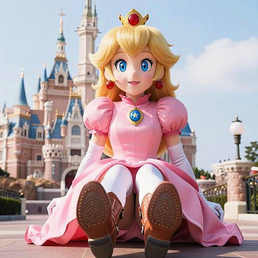 CGI image of Princess Peach with large blue eyes, pink dress, white gloves, and brown boots, sitting in front of a fairy-tale castle
