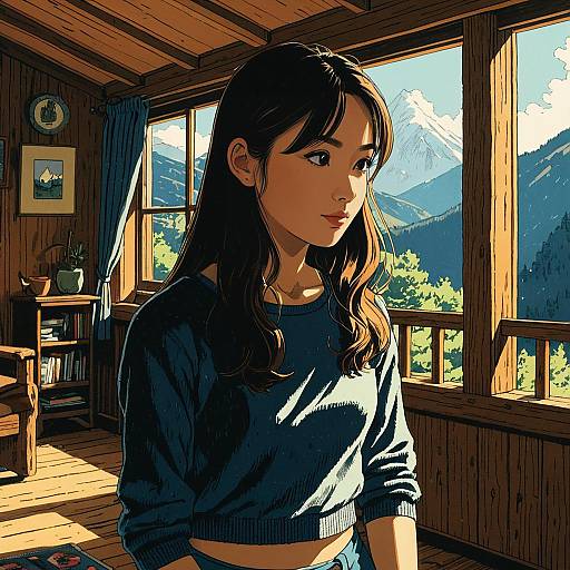 Young Woman in Sunlit Mountain Cabin