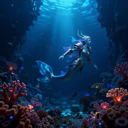 Photorealistic digital art of a blue, glowing mermaid with flowing hair and scales, swimming through a vibrant underwater coral reef illuminated by sunlight.