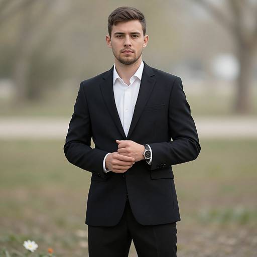 Photograph of a handsome, young, fair-skinned man with dark brown hair, trimmed beard, wearing a black suit, white shirt, and black