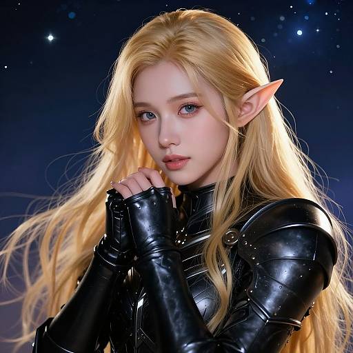 Digital artwork of a blonde elf woman with pointed ears, wearing black shiny leather armor, against a starry night background.