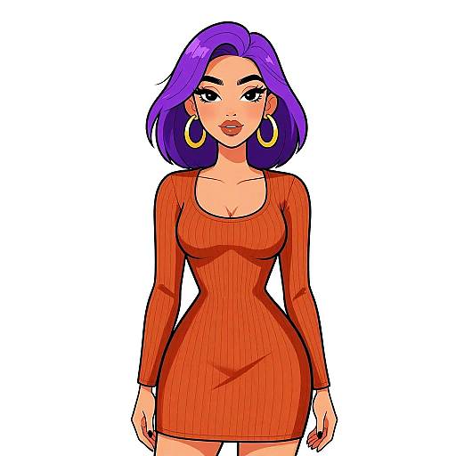 Digital drawing of a confident woman with purple hair, wearing a tight, long-sleeve, orange dress and large gold hoop earrings.