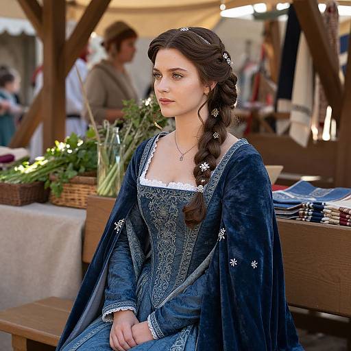 Photograph of a young woman with fair skin and dark hair in a blue medieval-style dress with intricate embroidery, sitting at an outdoor market stall, surrounded