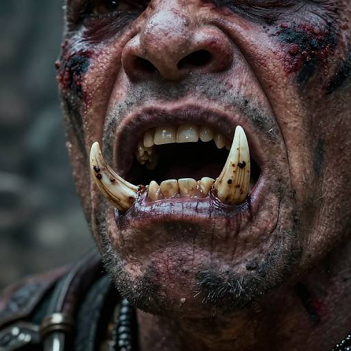 Close-up photograph of a grimacing, dirty, bloodied man with large, sharp, yellowed fangs, dark beard, and dark, sm